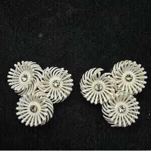 Soft Plastic White Flower Clip On Earrings VIntage Rhinestone Costume Jewelry